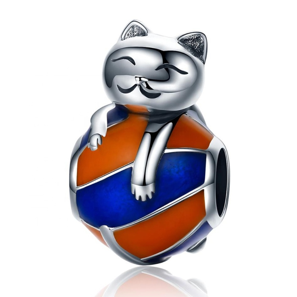 925 Sterling Silver Cat Kitten Striped Ball Charm